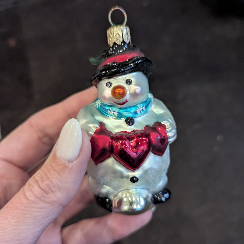 Festive Snowman Ornament with Red Hearts